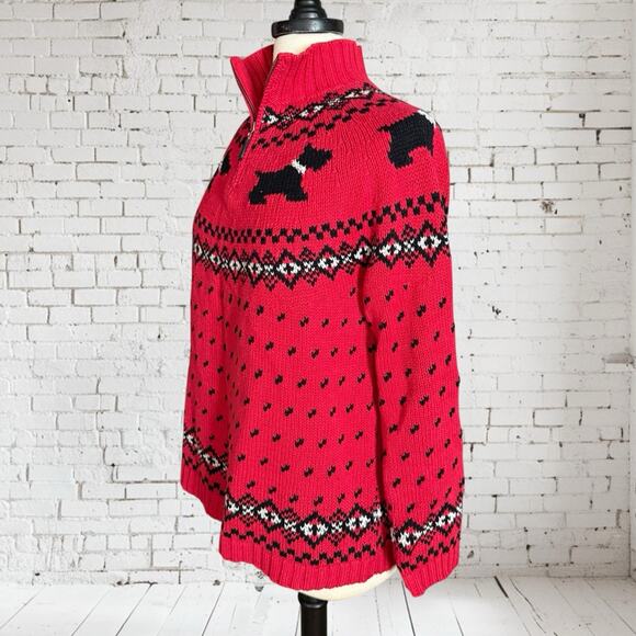 Vtg Coldwater Creek Scotty Dog Sweater Sz L Red Black Fair Isle Nordic 1/4" Zip - Picture 4 of 8
